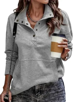 Womens Sweatshirt Henley Button V Neck Sweatshirt Casual Long Sleeve Loose Lightweight Tops 2025 Pullover Tunic Tops