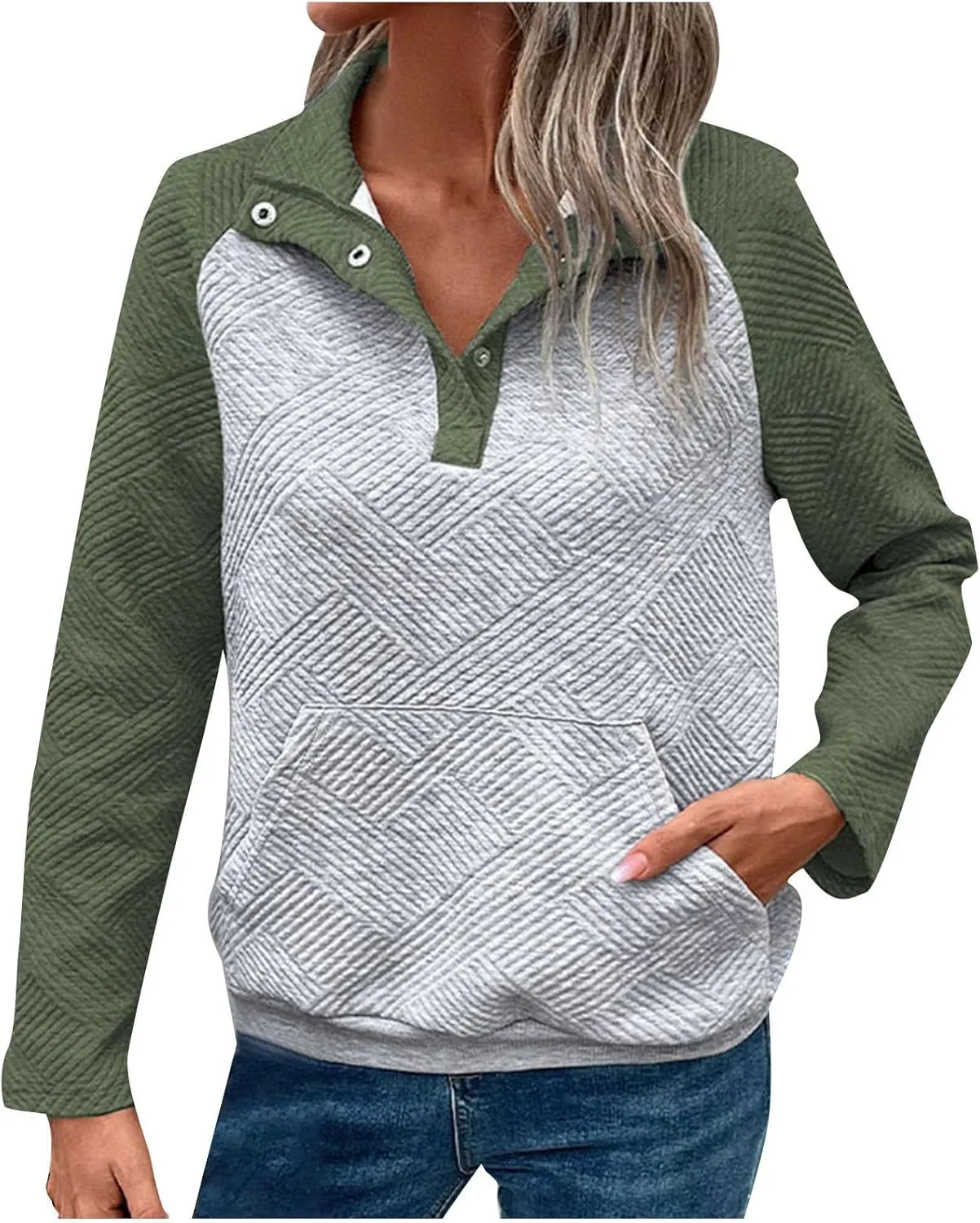 Womens Sweatshirt Long Sleeve V Neck Fashion Fall Pullover Tops Fleece Striped Button Trendy Clothes With Pocket