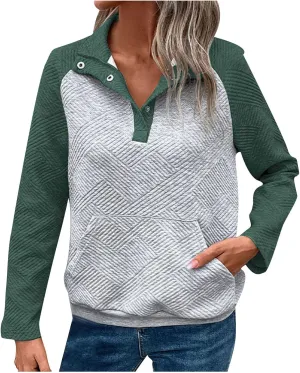 Womens Sweatshirt Long Sleeve V Neck Fashion Fall Pullover Tops Fleece Striped Button Trendy Clothes With Pocket