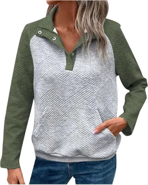 Womens Sweatshirt Long Sleeve V Neck Fashion Fall Pullover Tops Fleece Striped Button Trendy Clothes With Pocket