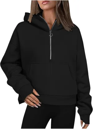 Womens Sweatshirts Half Zip Cropped Pullover Thumb Hole Fleece Quarter Zipper Hoodies Fall Outfits Sweatshirt