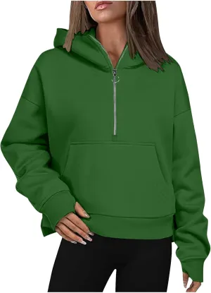 Womens Sweatshirts Half Zip Cropped Pullover Thumb Hole Fleece Quarter Zipper Hoodies Fall Outfits Sweatshirt