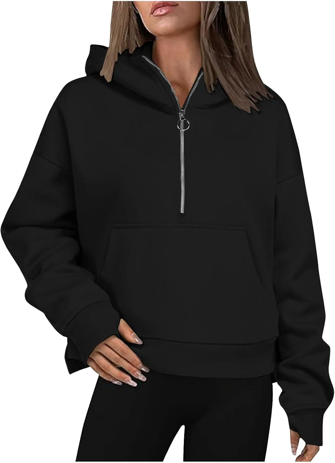 Womens Sweatshirts Half Zip Cropped Pullover Thumb Hole Fleece Quarter Zipper Hoodies Fall Outfits Sweatshirt