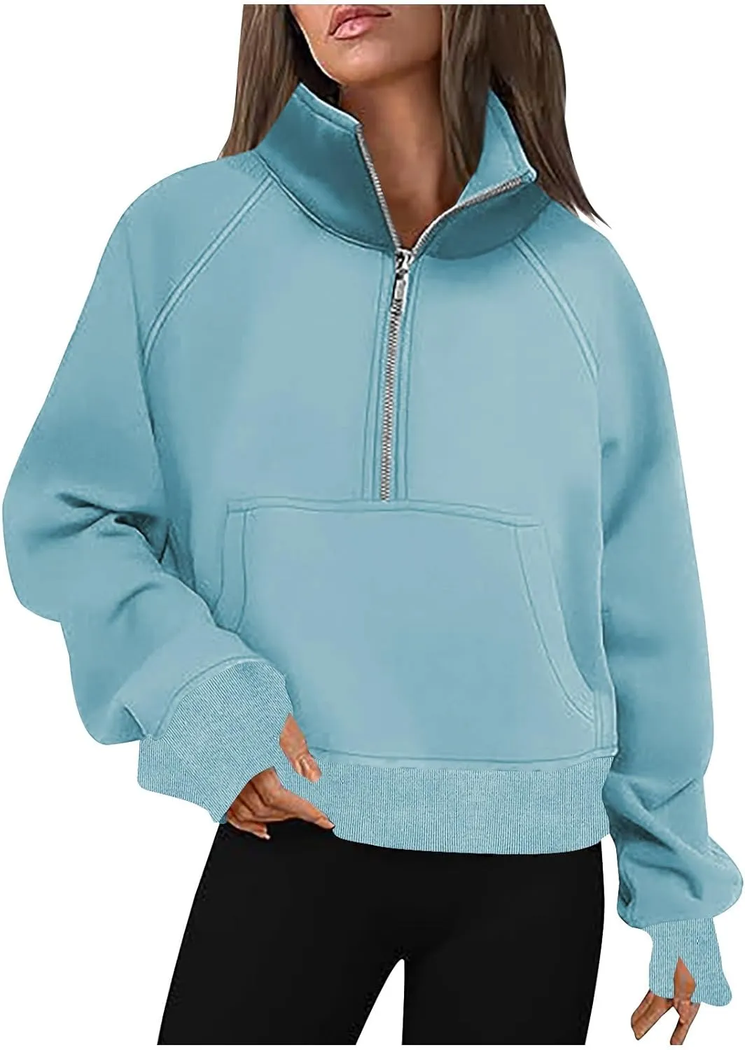 Womens Sweatshirts with Thumb Hole Half Zipper Fleece Athletic Pullovers Mock Neck Fall Winter Oversized Sweat Shirt