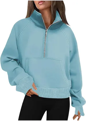 Womens Sweatshirts with Thumb Hole Half Zipper Fleece Athletic Pullovers Mock Neck Fall Winter Oversized Sweat Shirt