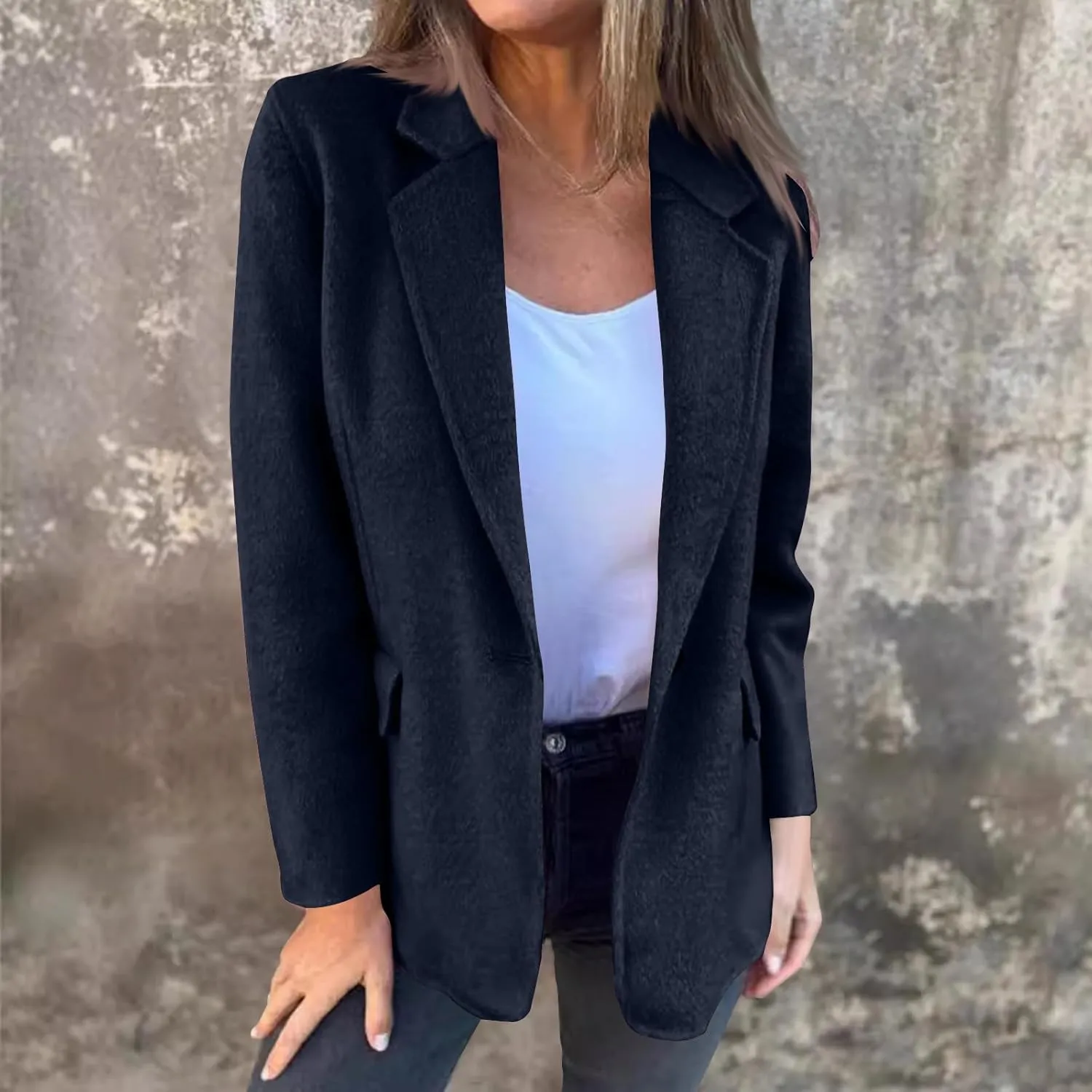 Womens Trench Coat Business Casual Blazers Notch Lapel Pea Coat Plus Size Wool Blend Coats Trendy Work Office Jackets