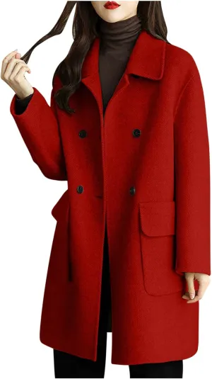 Womens Trench Coat Mid Length Dressy Double Breasted Wool Blend Jacket Solid Color Fall Winter Casual Pocket Pea Coat