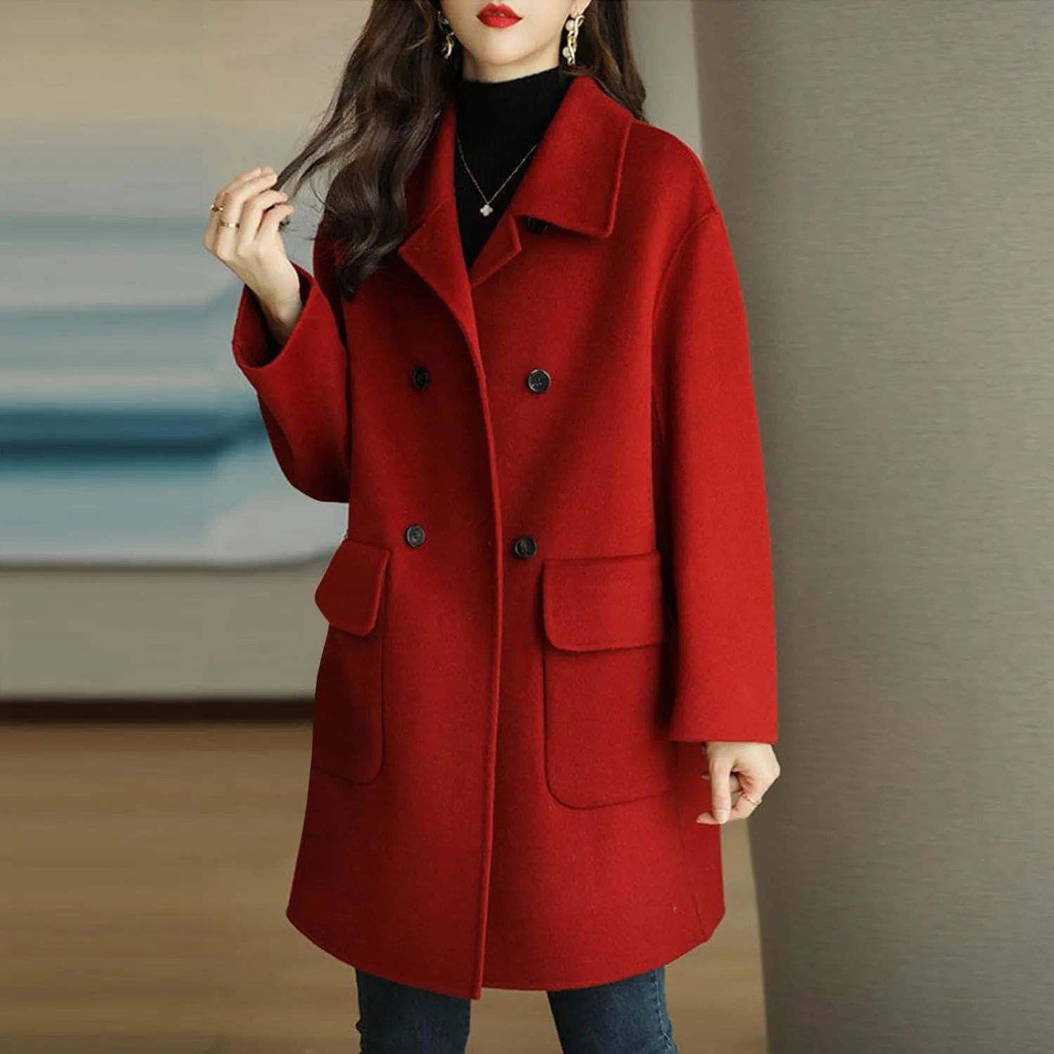 Womens Trench Coat Mid Length Dressy Double Breasted Wool Blend Jacket Solid Color Fall Winter Casual Pocket Pea Coat