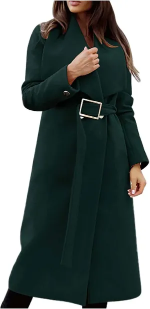Womens Trench Coat Winter Wool Blend Pea Coat Casual Notched Lapel Collar Overcoat Belted Long Jacket Outerwear