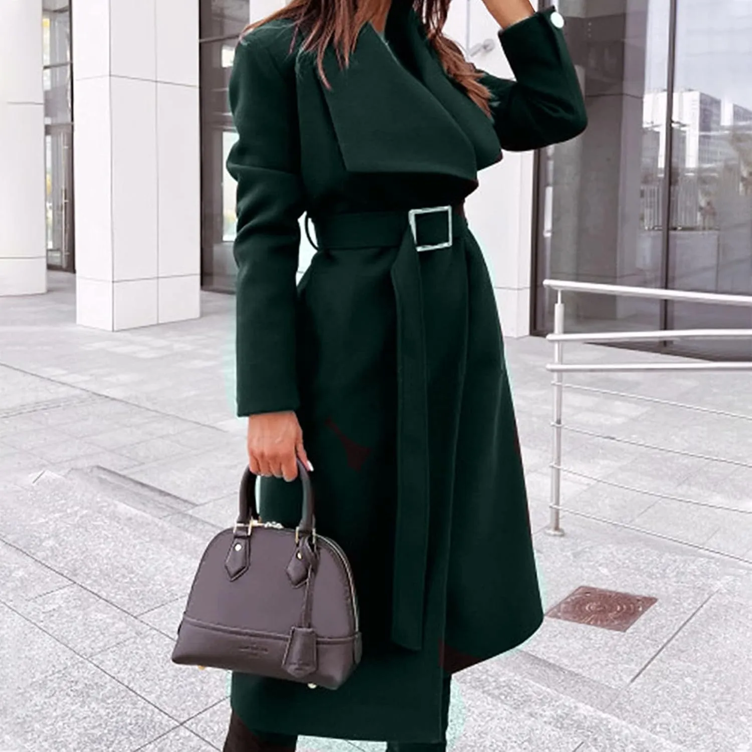 Womens Trench Coat Winter Wool Blend Pea Coat Casual Notched Lapel Collar Overcoat Belted Long Jacket Outerwear