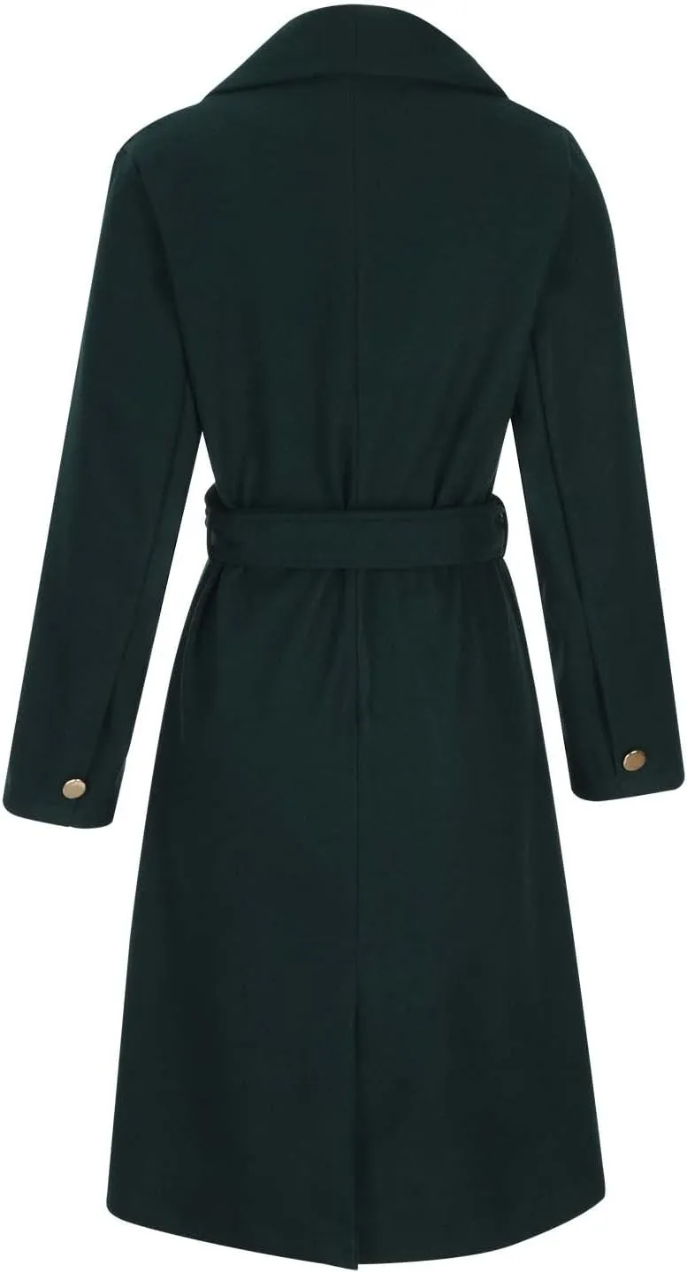 Womens Trench Coat Winter Wool Blend Pea Coat Casual Notched Lapel Collar Overcoat Belted Long Jacket Outerwear