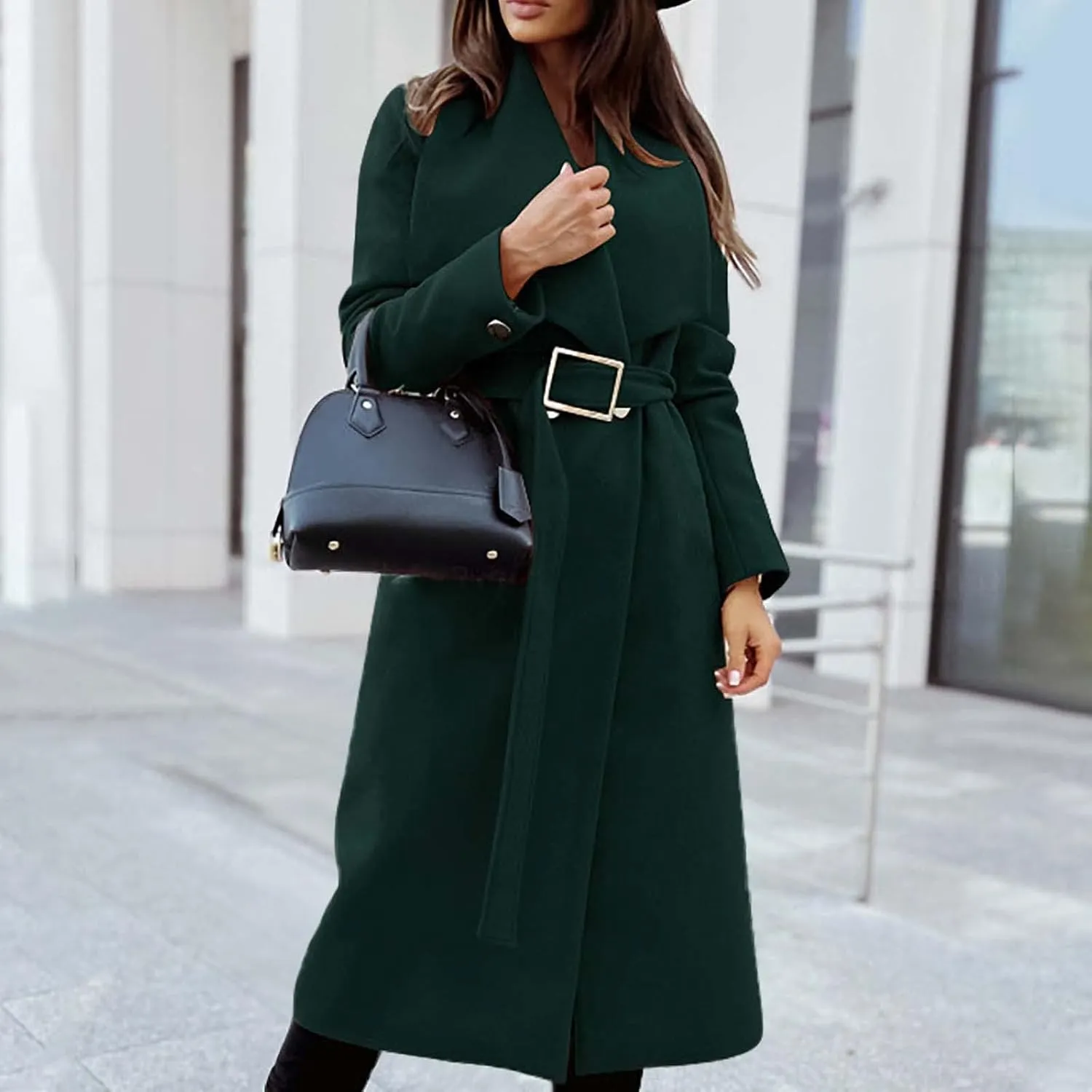 Womens Trench Coat Winter Wool Blend Pea Coat Casual Notched Lapel Collar Overcoat Belted Long Jacket Outerwear