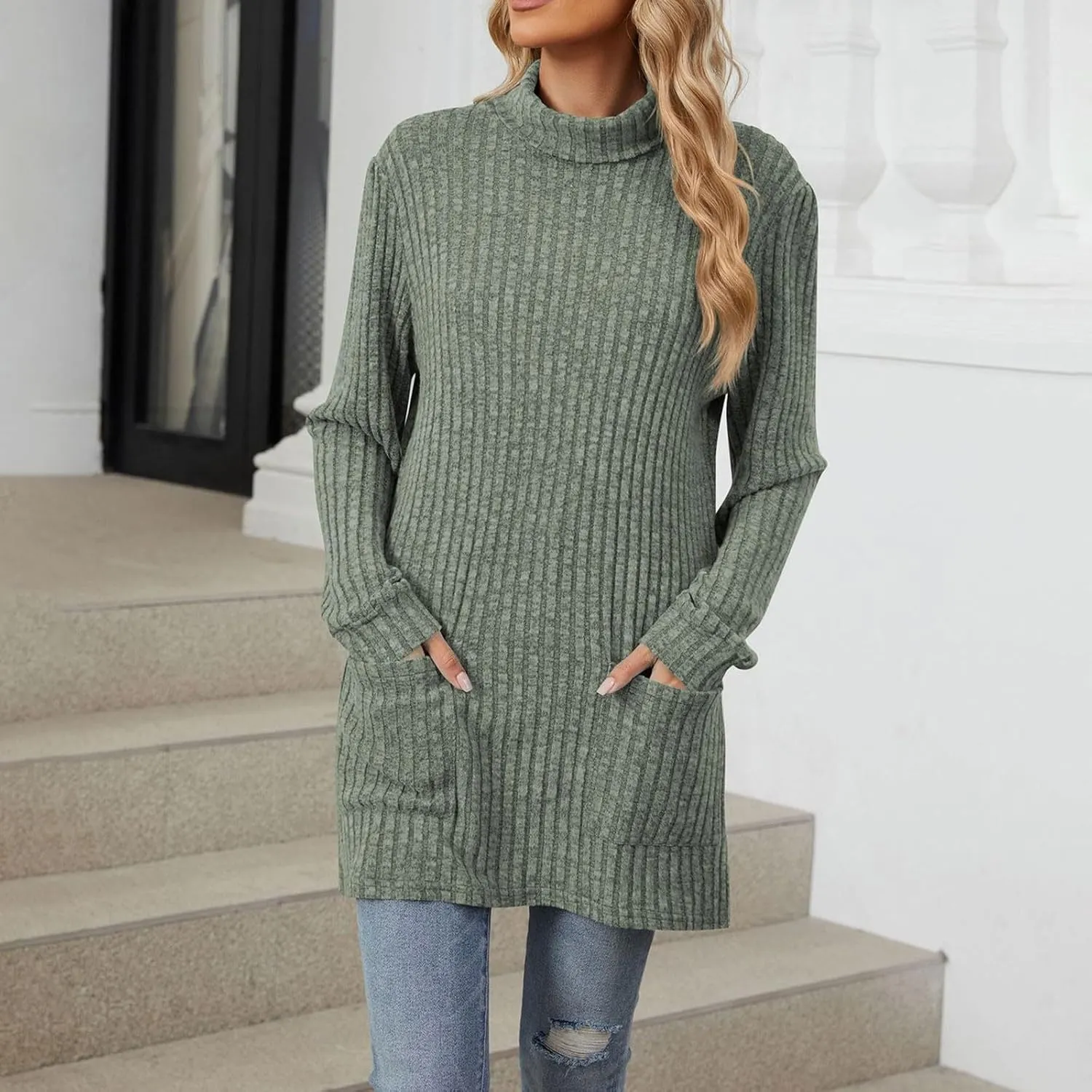 Womens Tunic Tops Sweater Turtleneck Long Sleeve Shirts Oversized Sweaters Pullover with Pockets Fall Fashion 2024