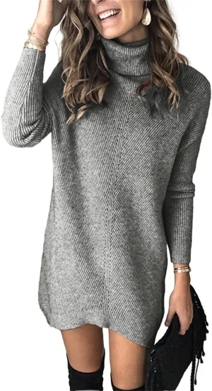 Womens Turtleneck Long Sleeve Pullover Sweater Dress Fall Winter Long Tunic Ribbed Knit Sweaters Warm Knitting Tops
