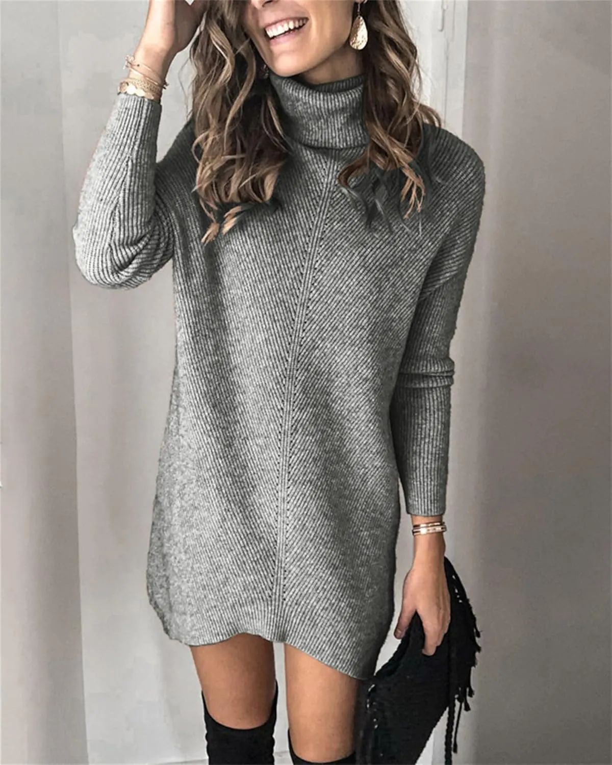 Womens Turtleneck Long Sleeve Pullover Sweater Dress Fall Winter Long Tunic Ribbed Knit Sweaters Warm Knitting Tops