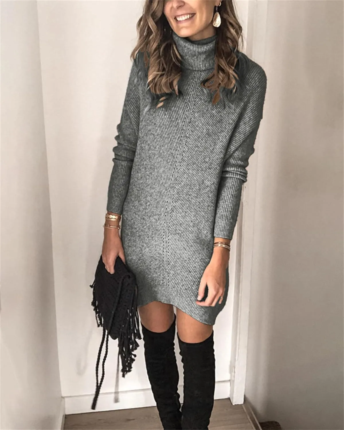 Womens Turtleneck Long Sleeve Pullover Sweater Dress Fall Winter Long Tunic Ribbed Knit Sweaters Warm Knitting Tops