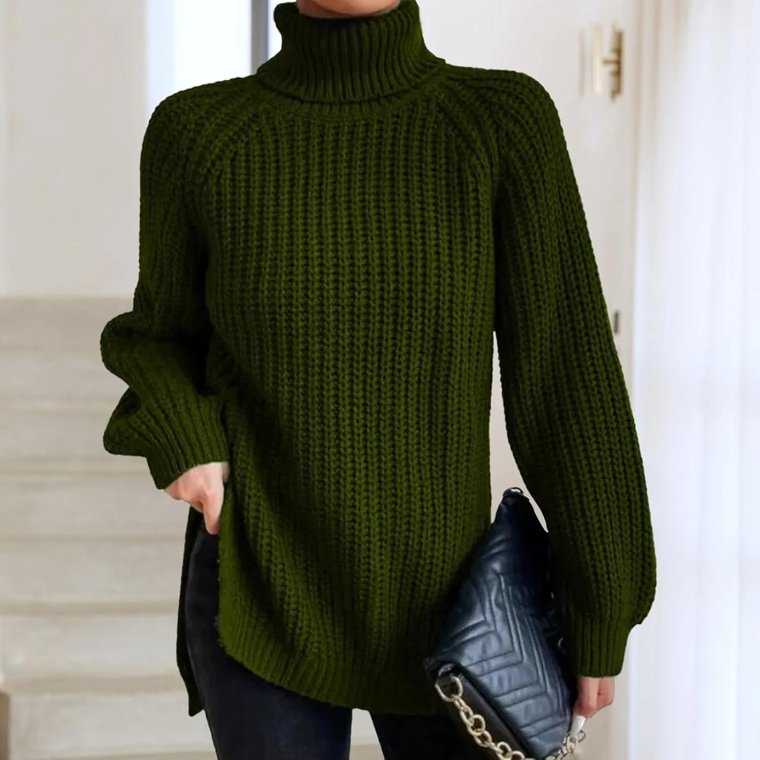 Women's Turtleneck Pullover Sweaters 2024 Oversized Long Sleeve High Neck Knitted Casual Fall Winter Tops Sweaters