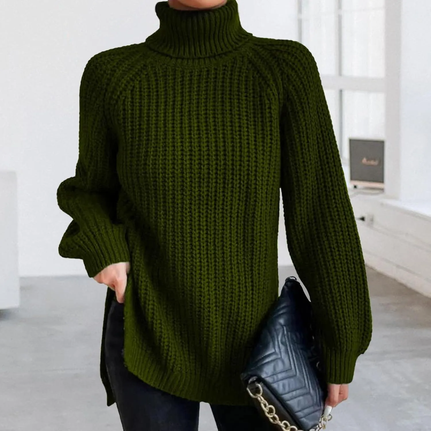 Women's Turtleneck Pullover Sweaters 2024 Oversized Long Sleeve High Neck Knitted Casual Fall Winter Tops Sweaters