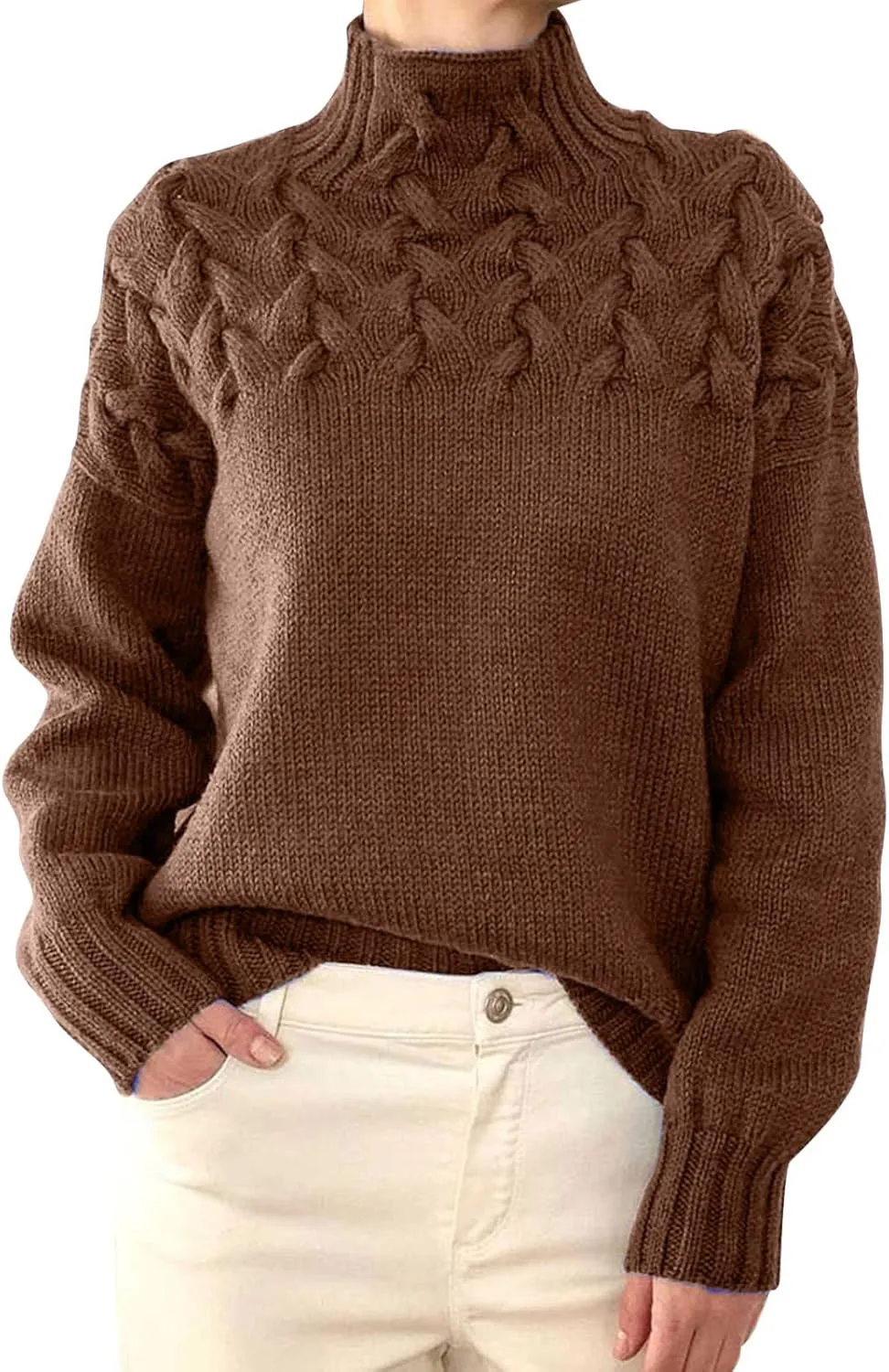Womens Turtleneck Sweater Trendy Cowl Neck Long Sleeve Warm Cable Knitted Sweaters Shirt Soft Cozy Pullover Tops