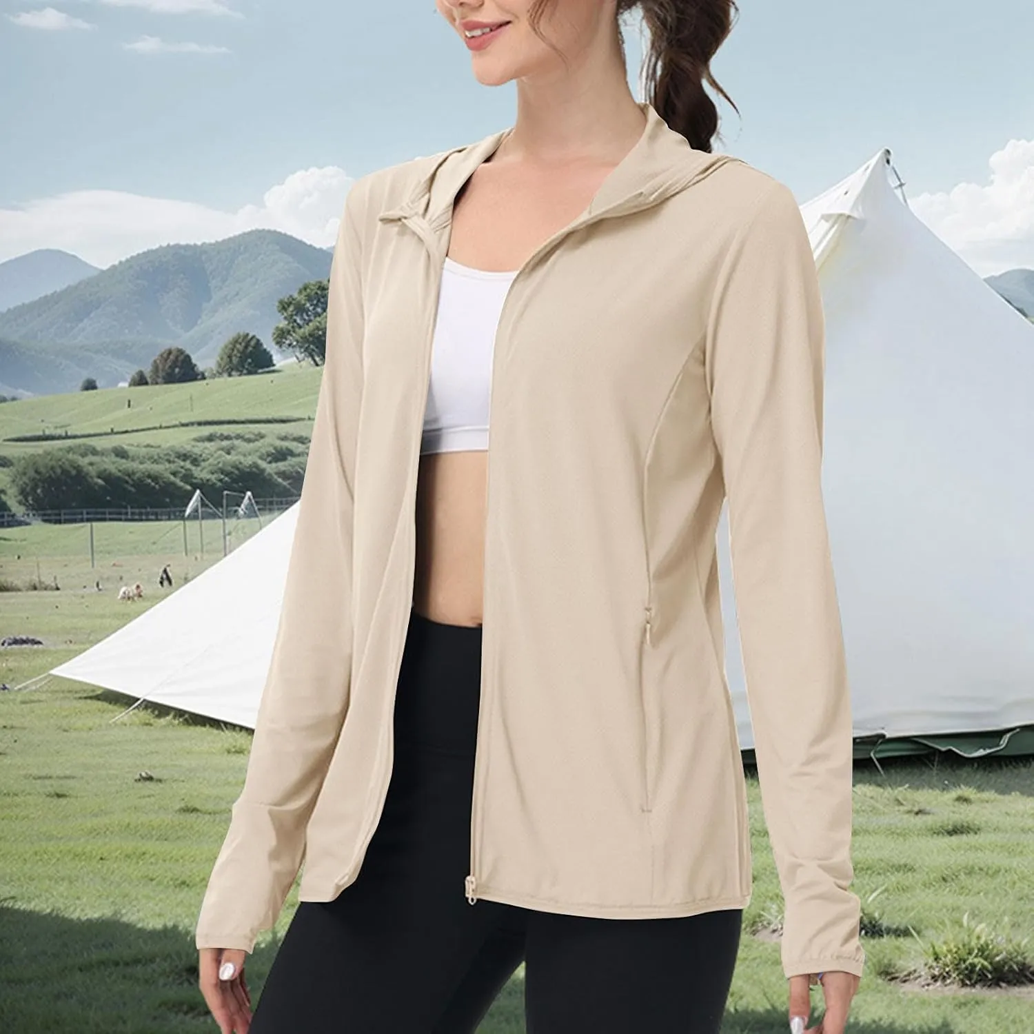 Women's UPF 50  Hooded Sun Shirt Lightweight Long Sleeve Sunscreen Hooded Jacket Summer Ultra Soft Full Zip Up Hoodie