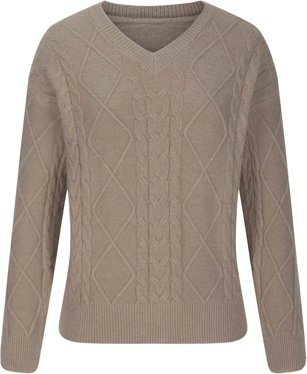 Women's V Neck Cable Knit Sweaters Chunky Warm Pullover Crewneck Long Sleeve Baggy Knitwear Loose Fit Jumper Tops