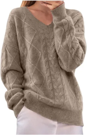Women's V Neck Cable Knit Sweaters Chunky Warm Pullover Crewneck Long Sleeve Baggy Knitwear Loose Fit Jumper Tops