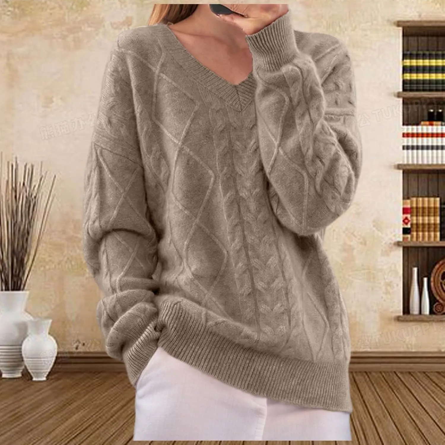 Women's V Neck Cable Knit Sweaters Chunky Warm Pullover Crewneck Long Sleeve Baggy Knitwear Loose Fit Jumper Tops