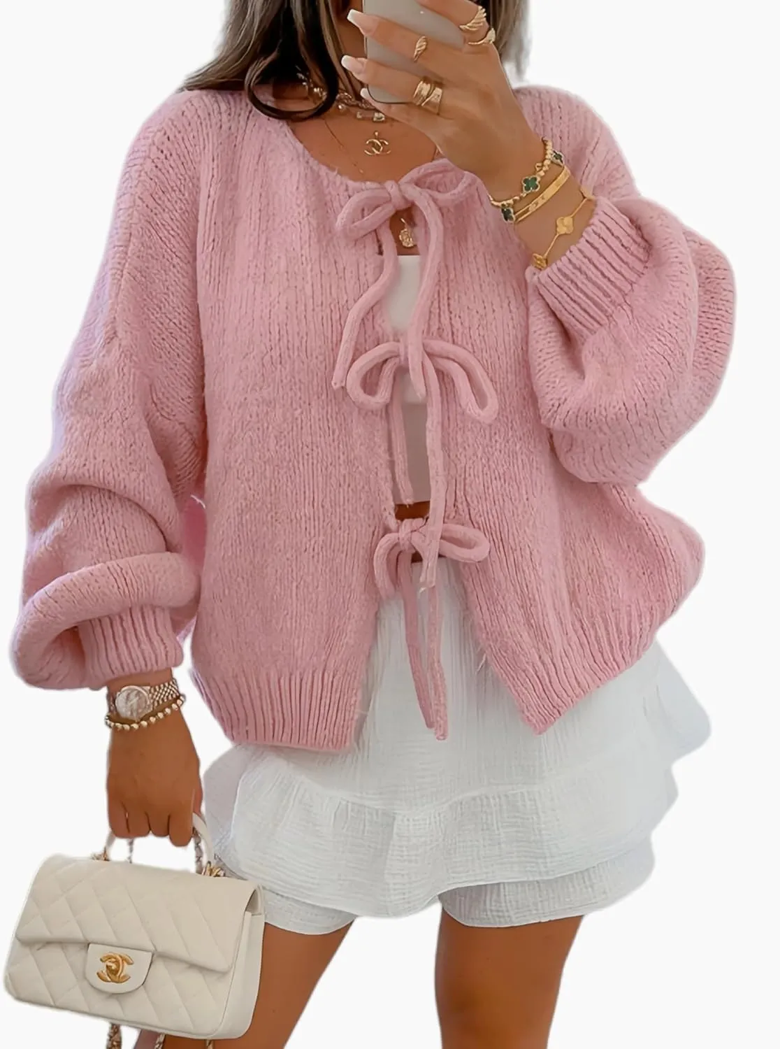 Womens V Neck Cardigan Sweater Bows Tie Open Front Chunky Knitwear Lightweight Coats