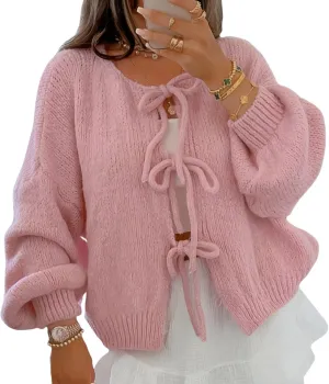Womens V Neck Cardigan Sweater Bows Tie Open Front Chunky Knitwear Lightweight Coats