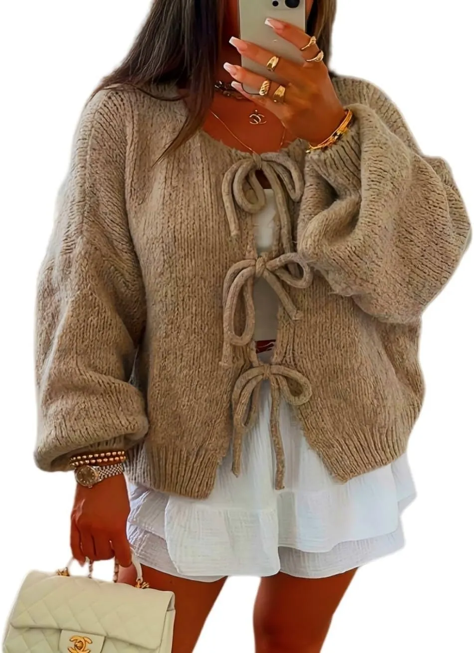 Womens V Neck Cardigan Sweater Bows Tie Open Front Chunky Knitwear Lightweight Coats