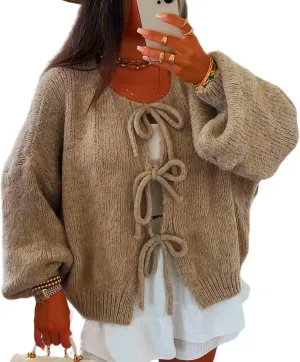 Womens V Neck Cardigan Sweater Bows Tie Open Front Chunky Knitwear Lightweight Coats