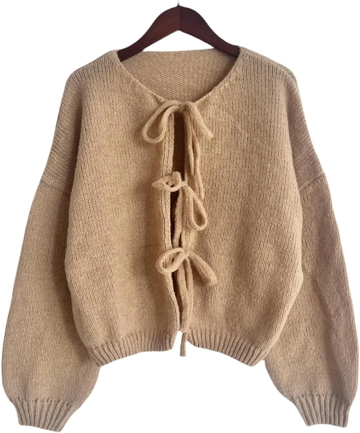 Womens V Neck Cardigan Sweater Bows Tie Open Front Chunky Knitwear Lightweight Coats