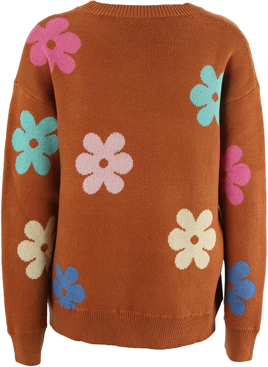 Women's Vintage Sweater Autumn Floral Printed Knitted Drop Shoulder Loose Tunics Casual Slouchy Crochet Sweater Tops