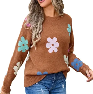 Women's Vintage Sweater Autumn Floral Printed Knitted Drop Shoulder Loose Tunics Casual Slouchy Crochet Sweater Tops
