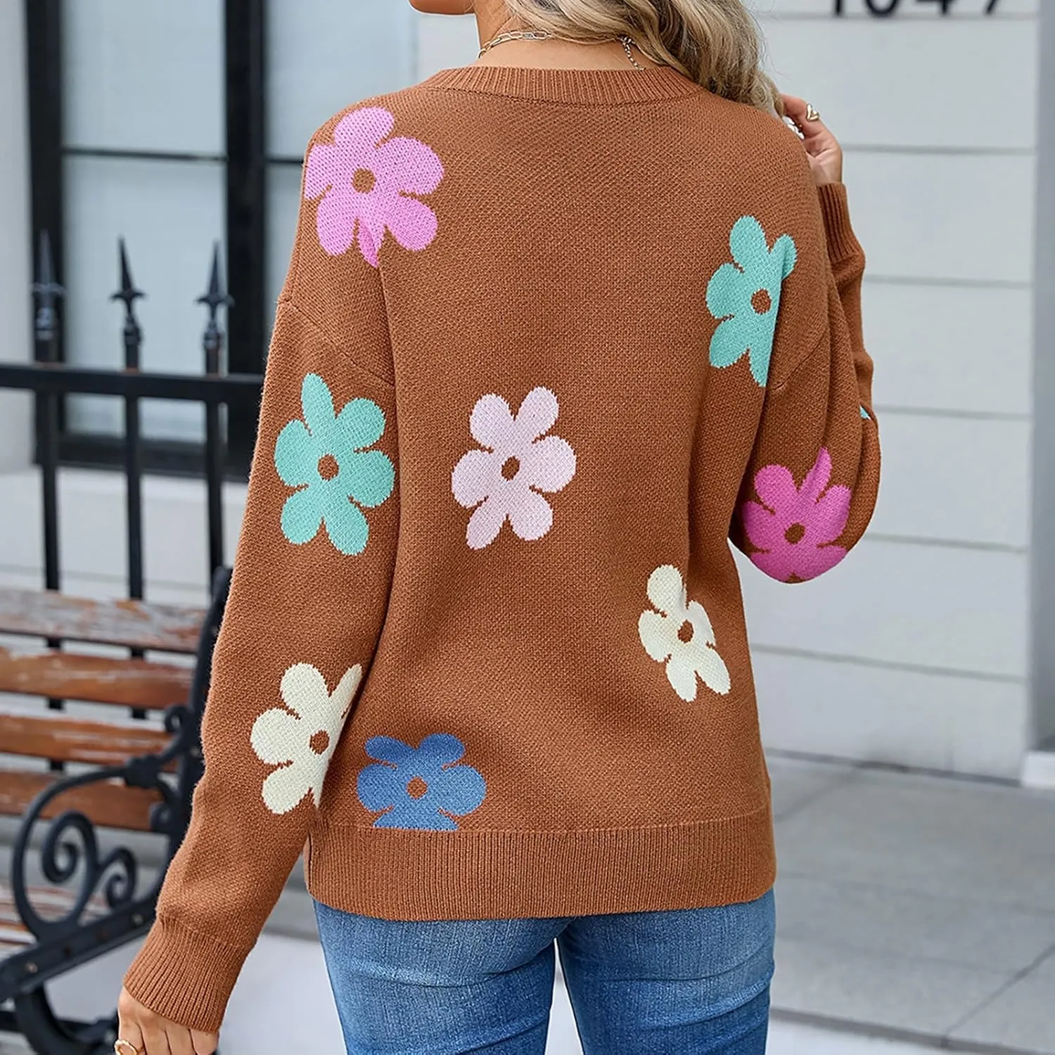 Women's Vintage Sweater Autumn Floral Printed Knitted Drop Shoulder Loose Tunics Casual Slouchy Crochet Sweater Tops