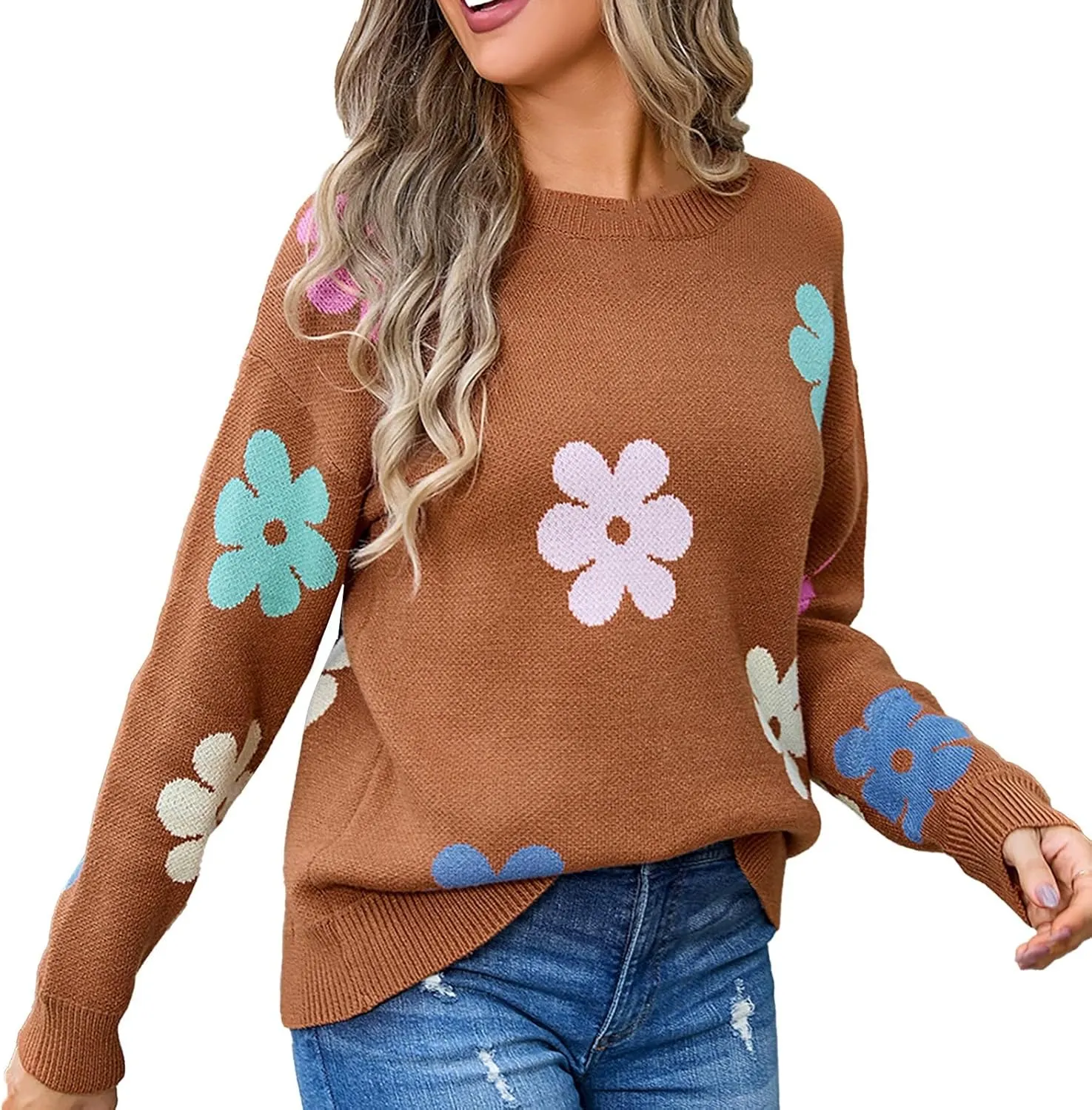 Women's Vintage Sweater Autumn Floral Printed Knitted Drop Shoulder Loose Tunics Casual Slouchy Crochet Sweater Tops