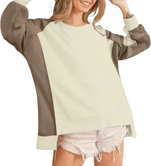 Womens Waffle Knit Tops Fashion Color Block Crewneck Long Sleeve Drop Shoulder Pullover Shirts Fall Loose Sweatshirt