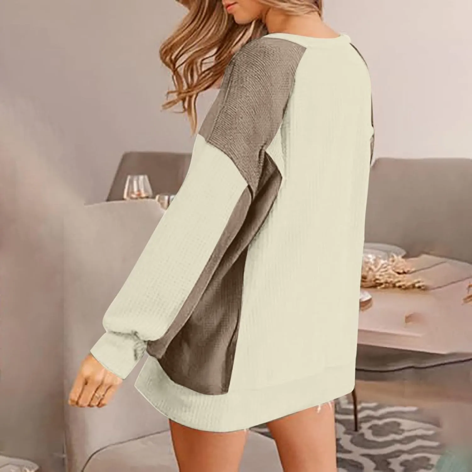 Womens Waffle Knit Tops Fashion Color Block Crewneck Long Sleeve Drop Shoulder Pullover Shirts Fall Loose Sweatshirt
