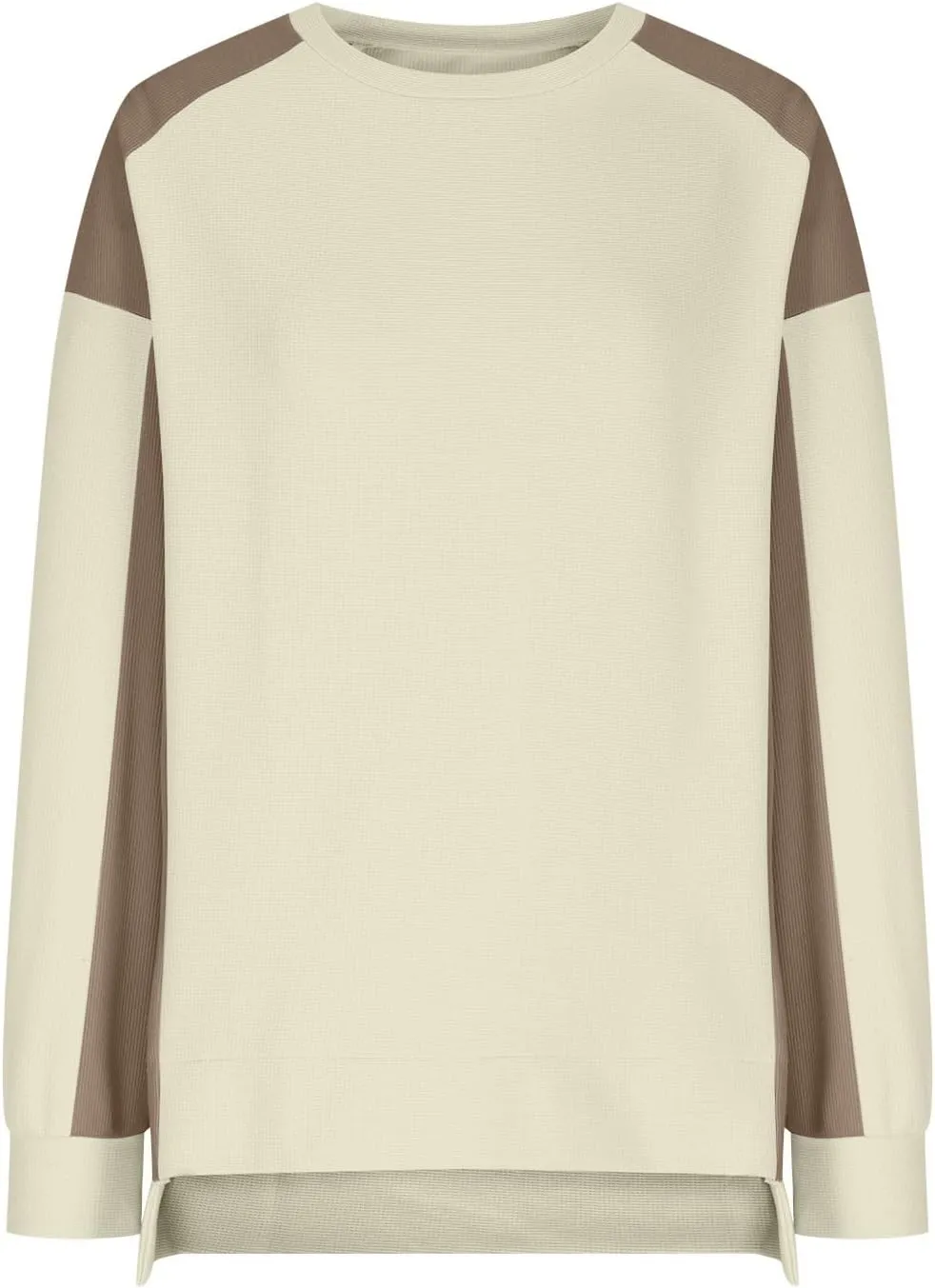 Womens Waffle Knit Tops Fashion Color Block Crewneck Long Sleeve Drop Shoulder Pullover Shirts Fall Loose Sweatshirt