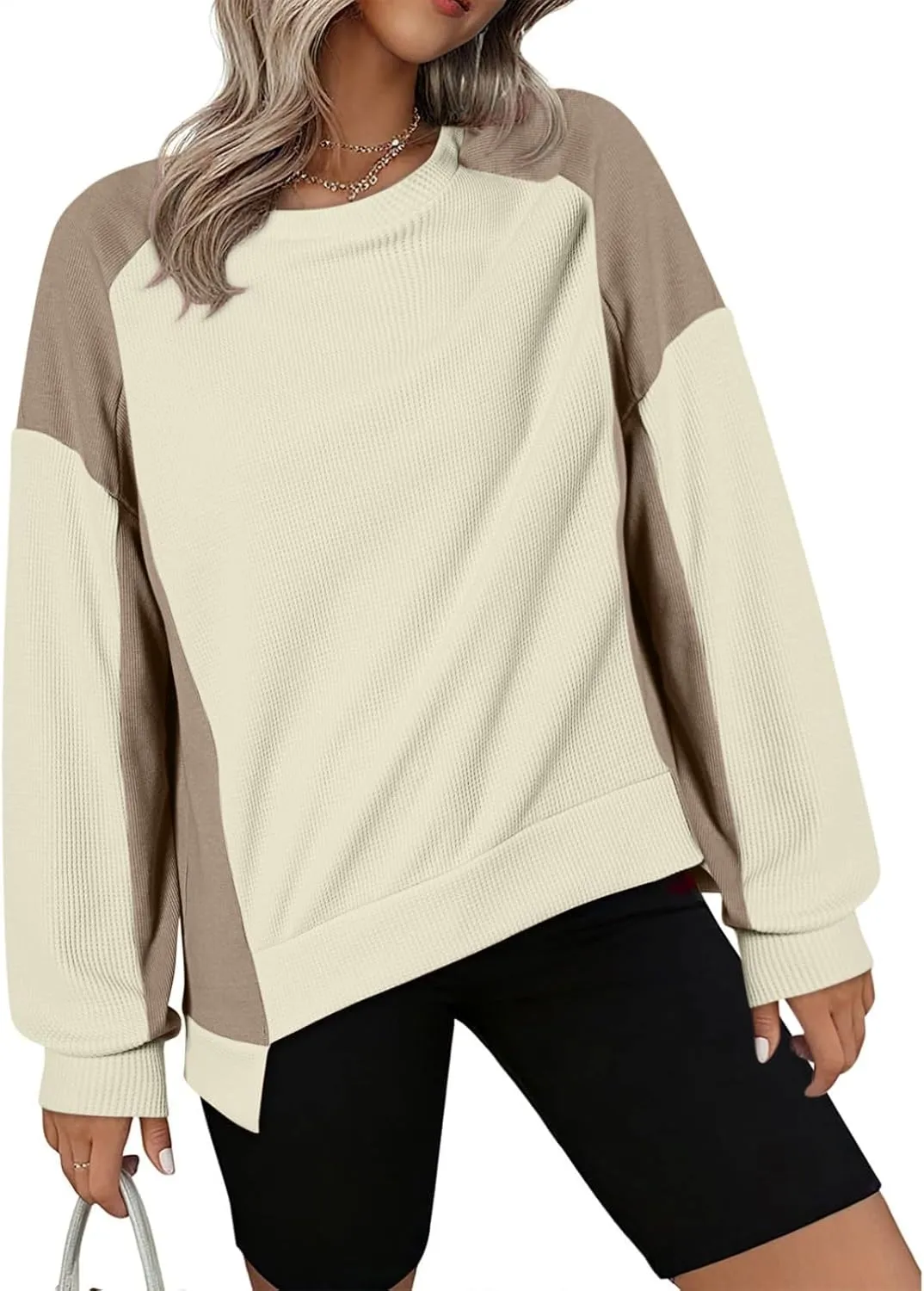 Womens Waffle Knit Tops Fashion Color Block Crewneck Long Sleeve Drop Shoulder Pullover Shirts Fall Loose Sweatshirt