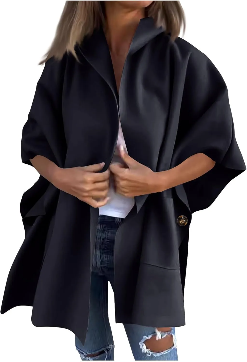 Womens Winter Trench Coat Oversized Wool Blend Jacket Warm Thick Jacket Peacoat Plus Size Batwing Sleeve Cardigan