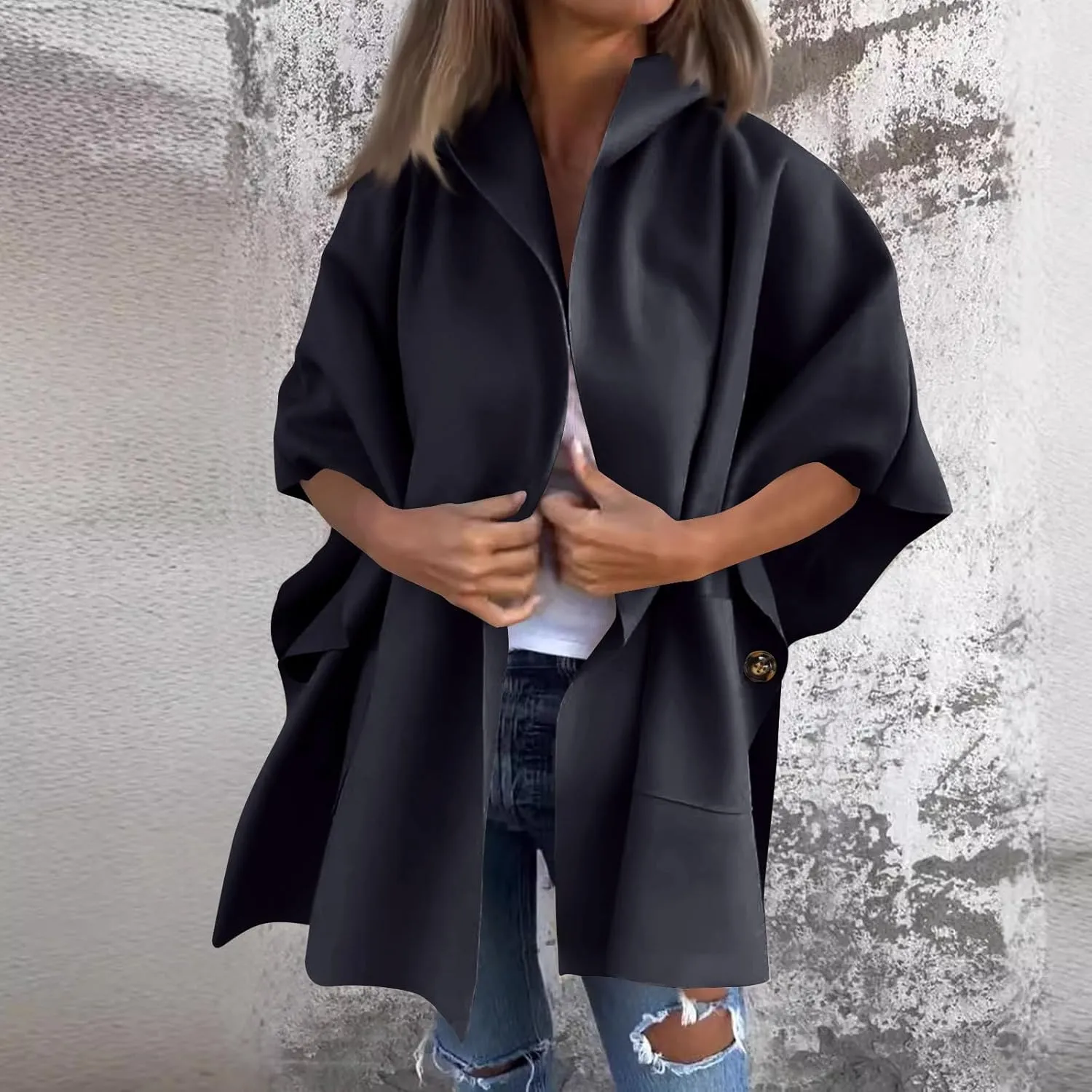 Womens Winter Trench Coat Oversized Wool Blend Jacket Warm Thick Jacket Peacoat Plus Size Batwing Sleeve Cardigan