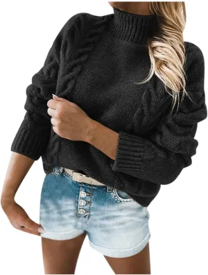Women's Winter Warm Long Sleeve Turtleneck Oversized Sweater Trendy Casual Solid Color Loose Cable Knit Pullover Tops