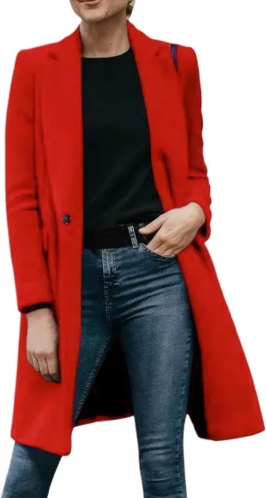 Women's Wool & Pea Coats Women's Casual Thicken Wool Blend Lapel Collar Single Breasted Pea Coat Fall Winter Fashion Loose Fit Trench Jackets Red 3X-Large