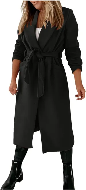 Women's Wool Blend Trench Coat Winter Jackets Mid Long Warm Pea Coats Dressy Casual Double Breasted Overcoat & Pocket