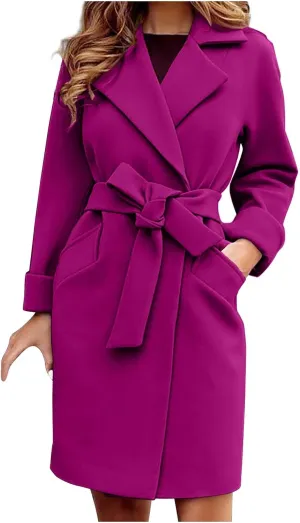WomenS Wool Blend Winter Coats Double Breasted Notch Lapel Trench Coat Thicken Warm Overcoat Jackets with Belts