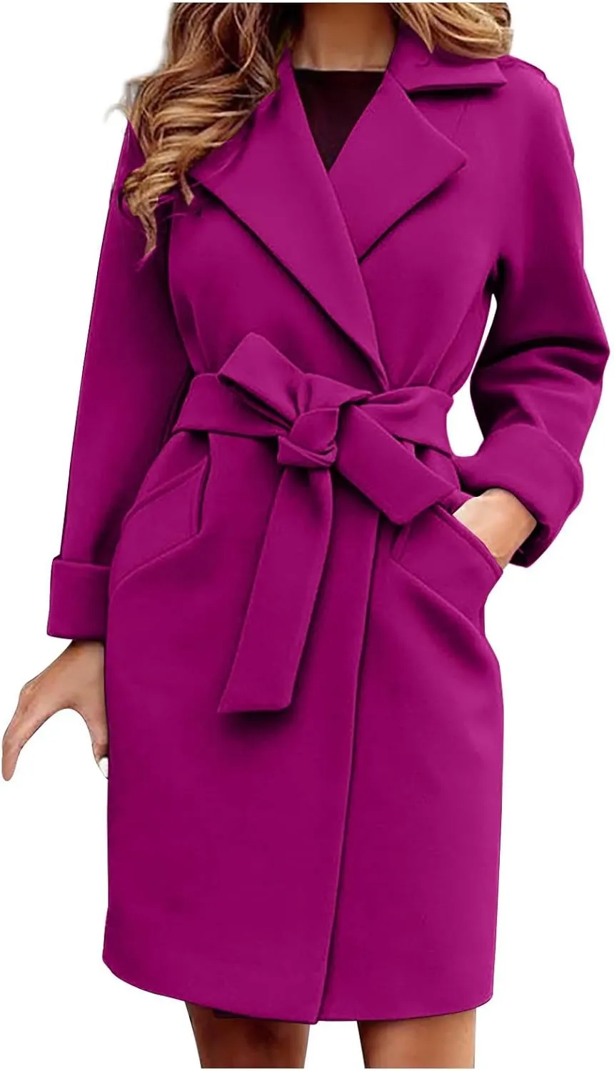 WomenS Wool Blend Winter Coats Double Breasted Notch Lapel Trench Coat Thicken Warm Overcoat Jackets with Belts