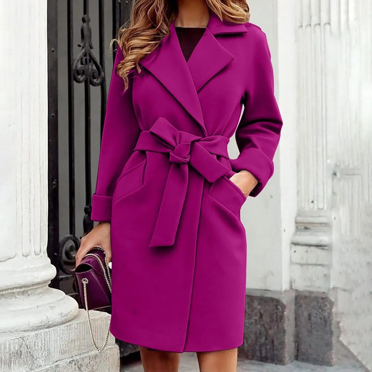 WomenS Wool Blend Winter Coats Double Breasted Notch Lapel Trench Coat Thicken Warm Overcoat Jackets with Belts