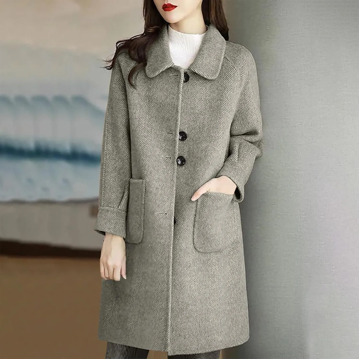 Women's Wool Coat Mid Length Dressy Single Breasted Pocket Trench Coat Fall Winter Solid Color Pea Coat Overcoat