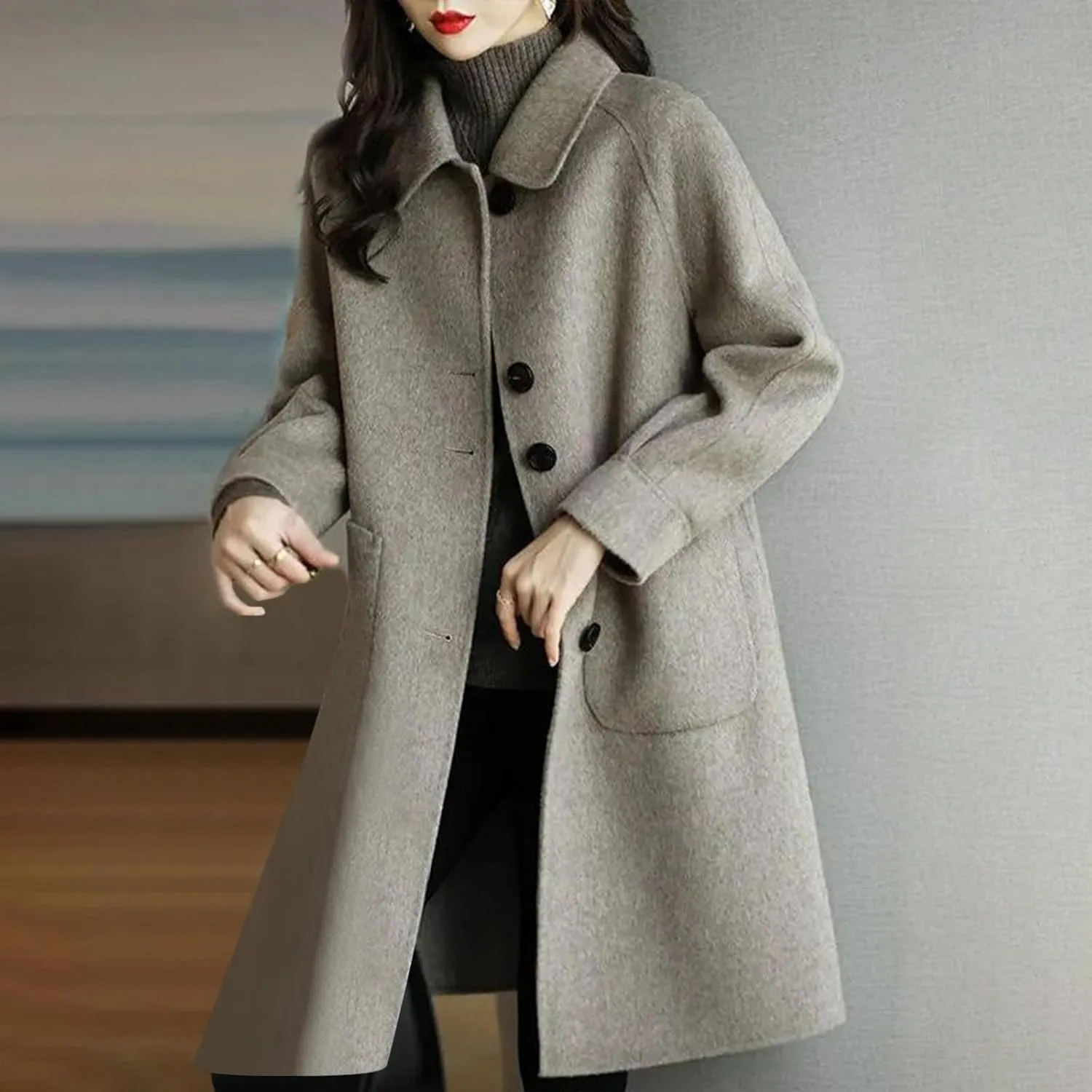 Women's Wool Coat Mid Length Dressy Single Breasted Pocket Trench Coat Fall Winter Solid Color Pea Coat Overcoat